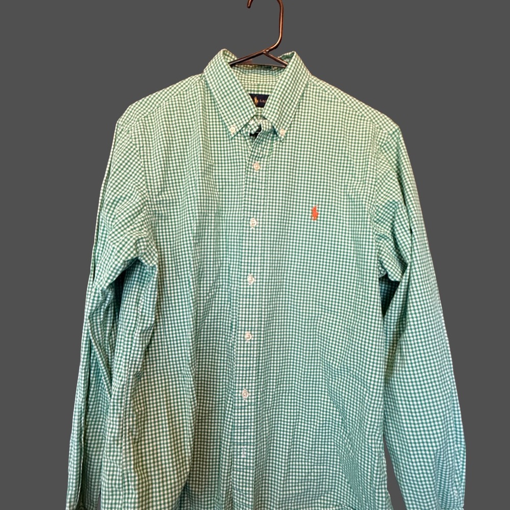 Ralph Lauren Green Gingham Button-Down Shirt with Orange Pony